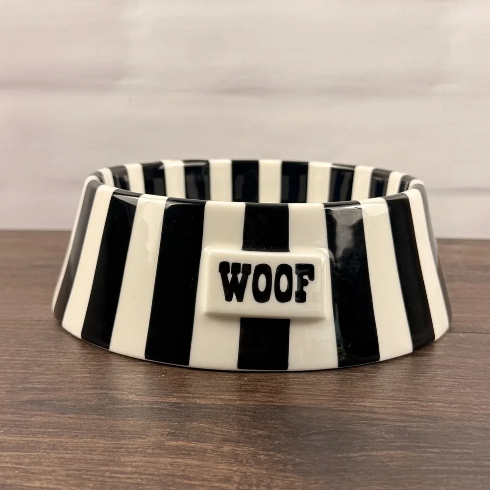 Jonathan Adler Vice Woof Pet Bowl Black White Striped Ceramic Dog Bowl